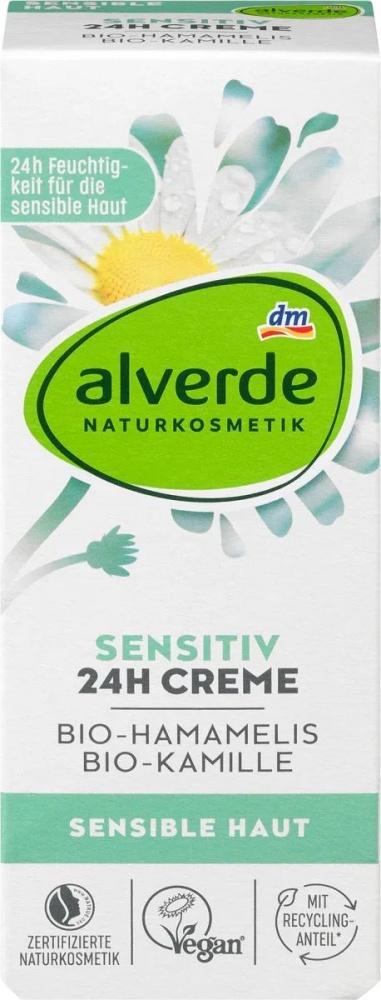 Alverde Denný pleťový krém Sensitiv 24h s bio hamamelom a bio harmančekom